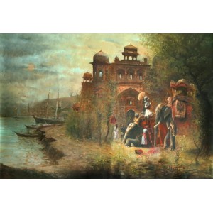 A. Q. Arif, Troopers at the River Bank, 40 x 60 Inch, Oil on Canvas, Cityscape Painting, AC-AQ-240